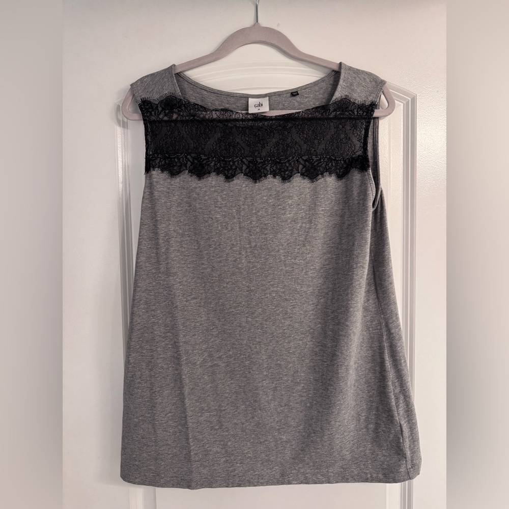 CAbi Gray Top with Black Lace Detail